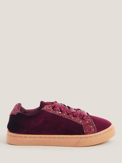 Monsoon Kids' Glitter Velvet Lace Up Trainers, Burgundy, Burgundy