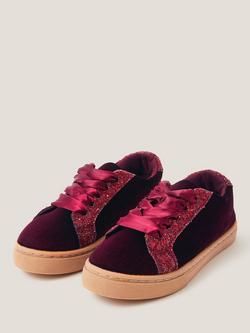 Monsoon Kids' Glitter Velvet Lace Up Trainers, Burgundy - view 2, Burgundy