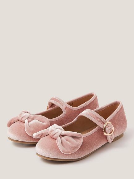 Monsoon Kids' Velvet Bow Strap Ballet Flats, Pink - view 2, Pink