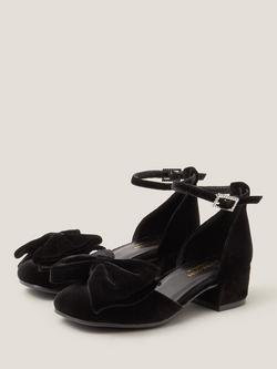 Monsoon Kids' Velvet Bow Block Heel Shoes, Black - view 2, Black
