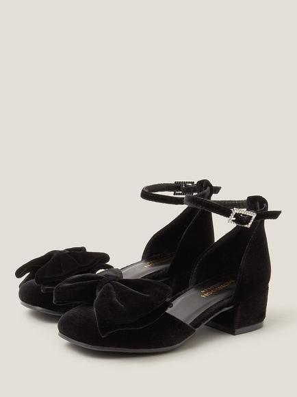 Monsoon Kids' Velvet Bow Block Heel Shoes, Black - view 2, Black