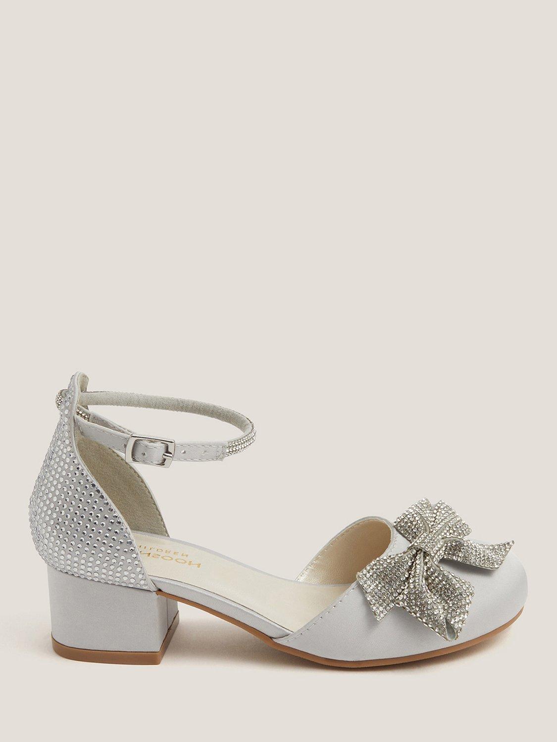 Product image 1 of 3, which shows Monsoon Kids' Bow Block Heel Shoes, Silver, 7 Jnr