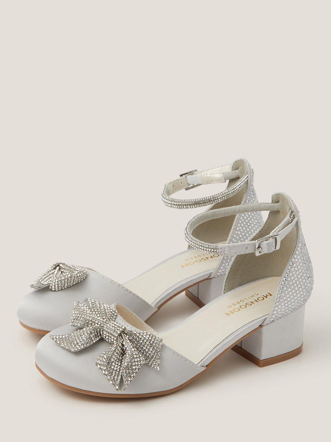 Product image 2 of 3, which shows Monsoon Kids' Bow Block Heel Shoes, Silver, 7 Jnr