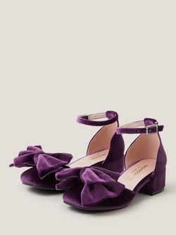 Monsoon Kids' Velvet Bow Block Heel Shoes, Purple - view 2, Purple