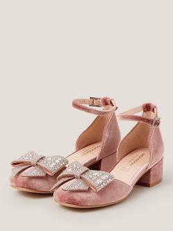 Monsoon Kids' Velvet Jewel Bow Shoes, Pink - view 2, Pink