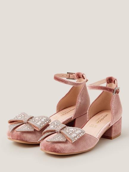 Monsoon Kids' Velvet Jewel Bow Shoes, Pink - view 2, Pink
