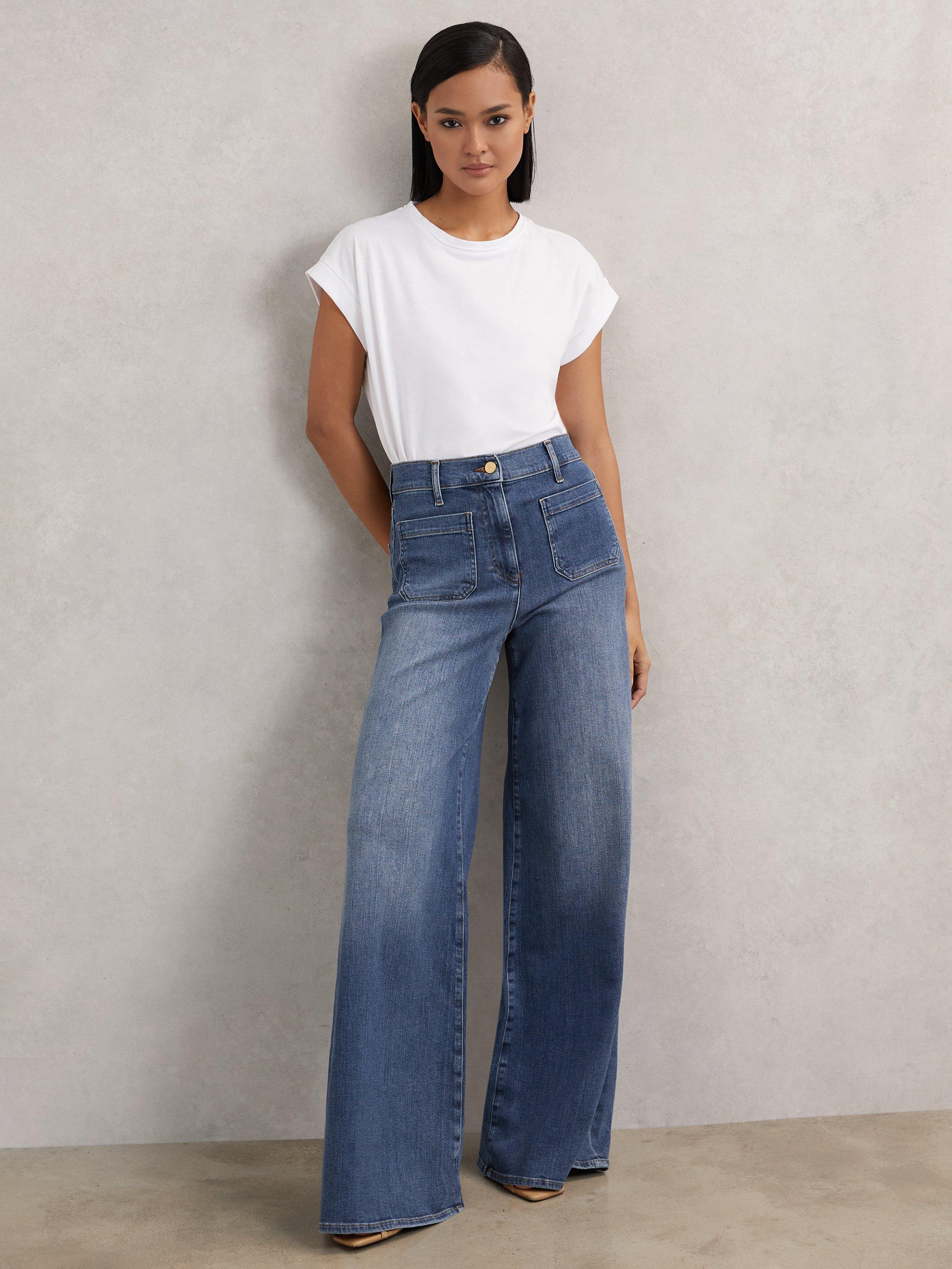 Product image 1 of 5, which shows Reiss Bella Wide Leg Jeans, Mid Blue, 25R
