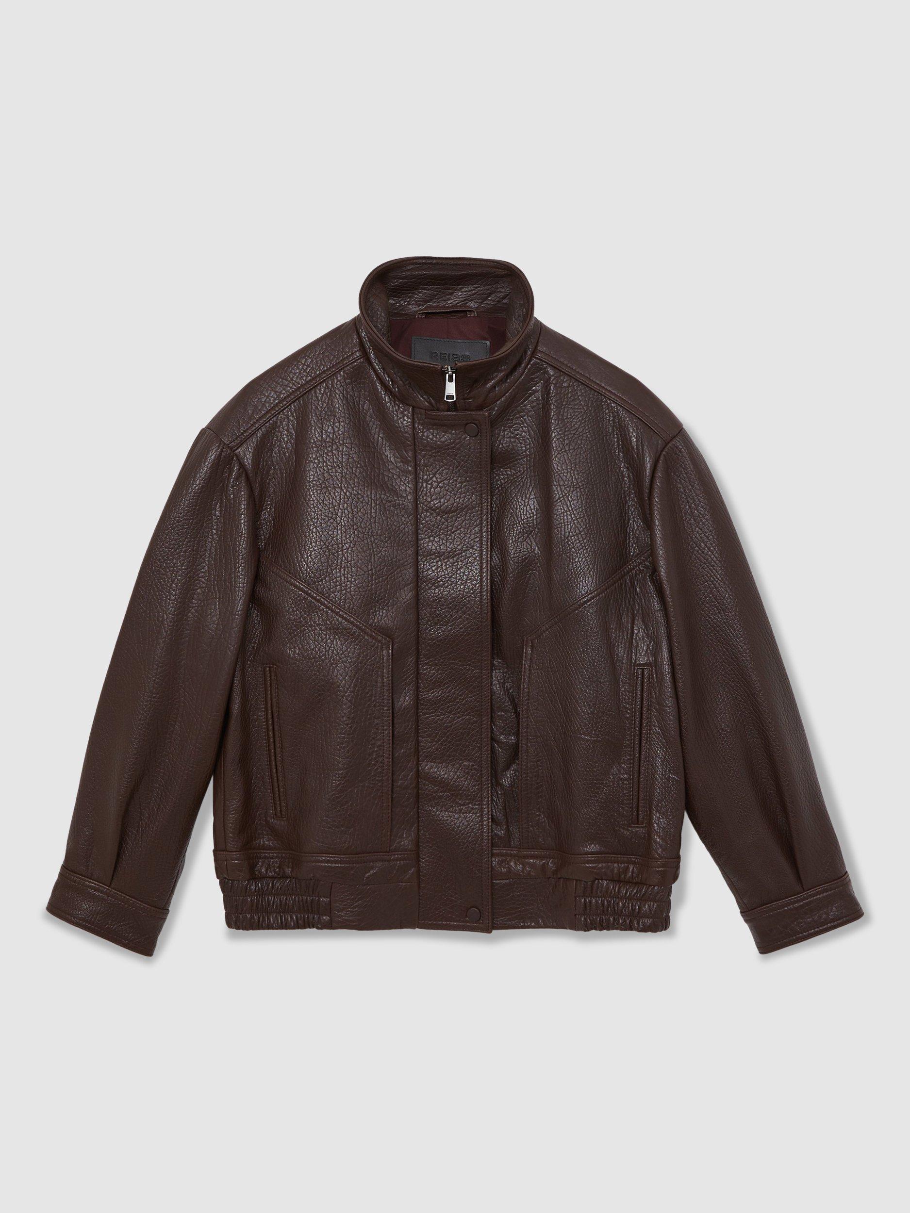 Product image 3 of 5, which shows Reiss Kiara Pure Leather Jacket, Burgundy, 6