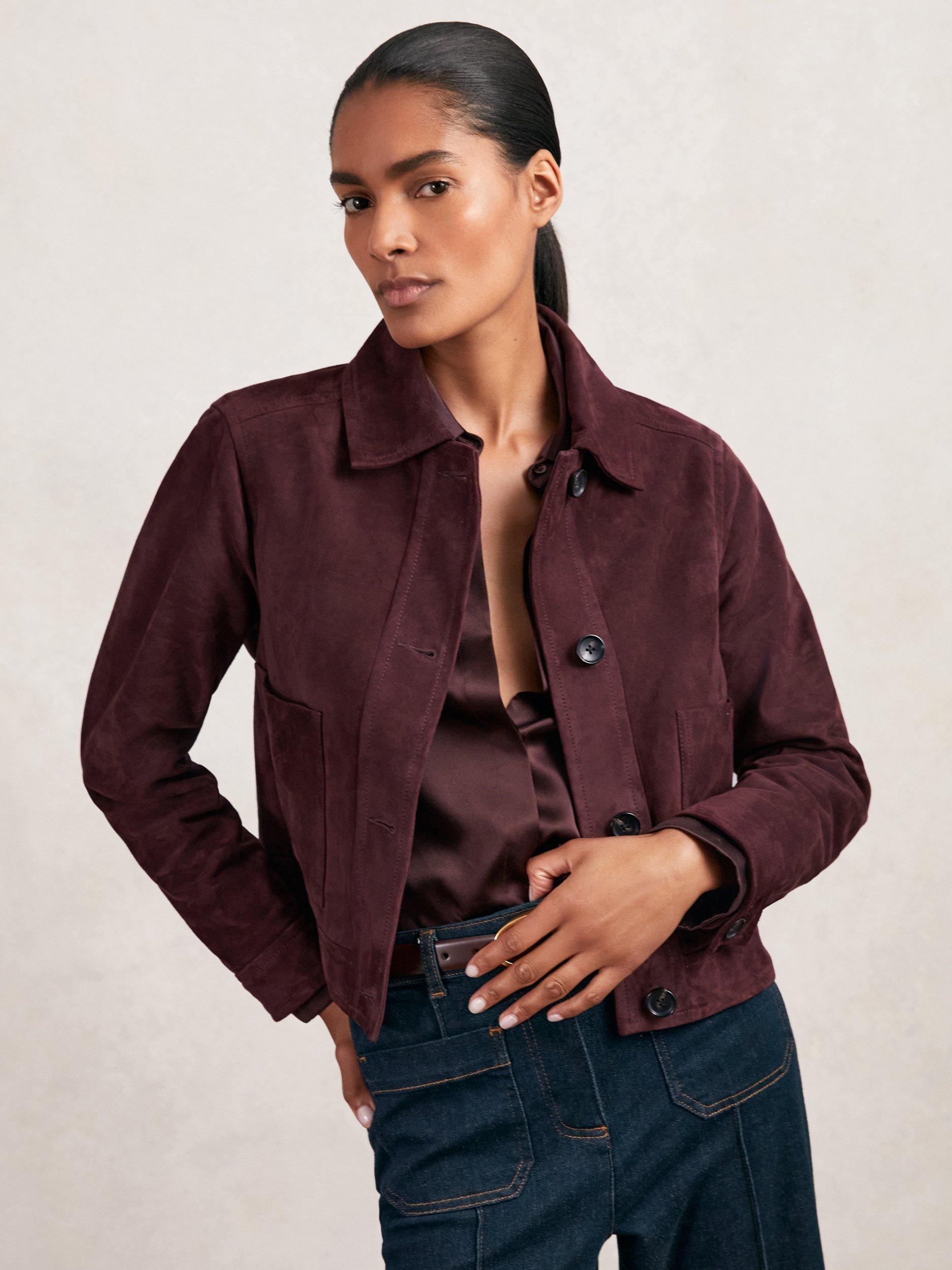 Reiss Sonny Boxy Pure Suede Jacket, Burgundy