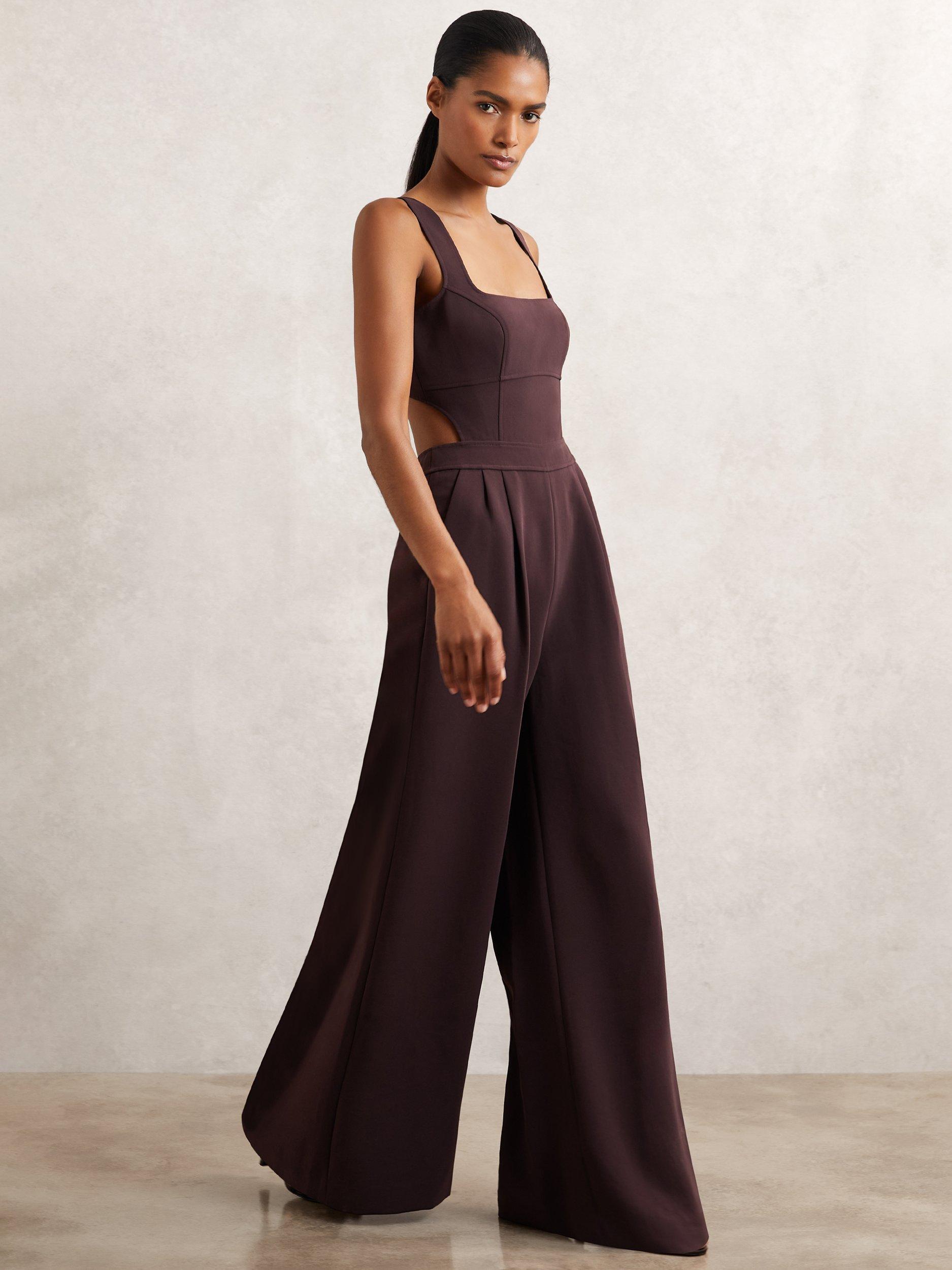 Reiss Dion Cut Out Waist Wide Leg Jumpsuit, Burgundy