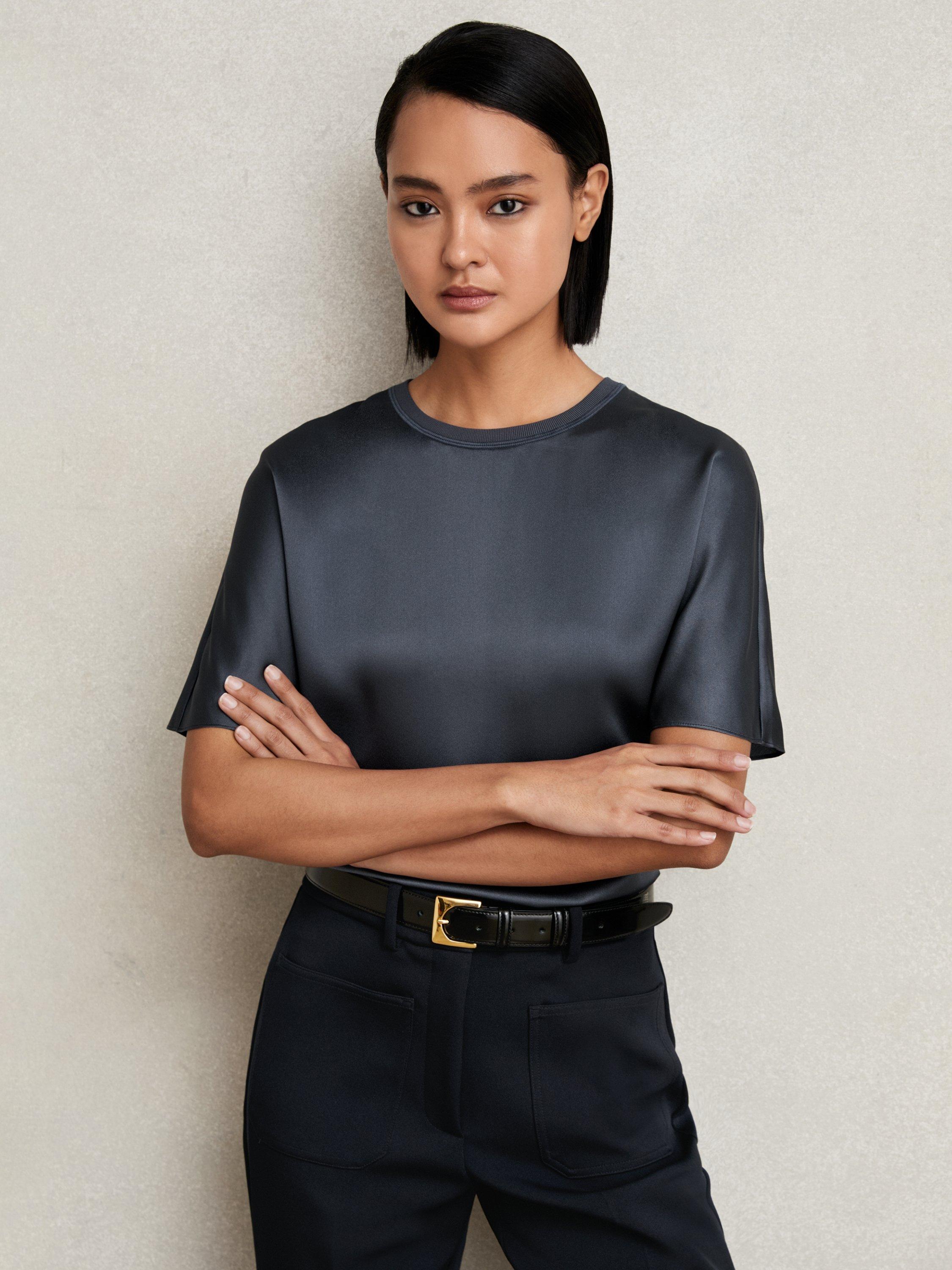 Product image 1 of 5, which shows Reiss Lena Pure Silk T-Shirt, Blue, 6