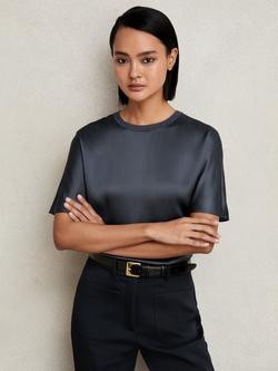 Reiss Lena Pure Silk T-Shirt, Blue