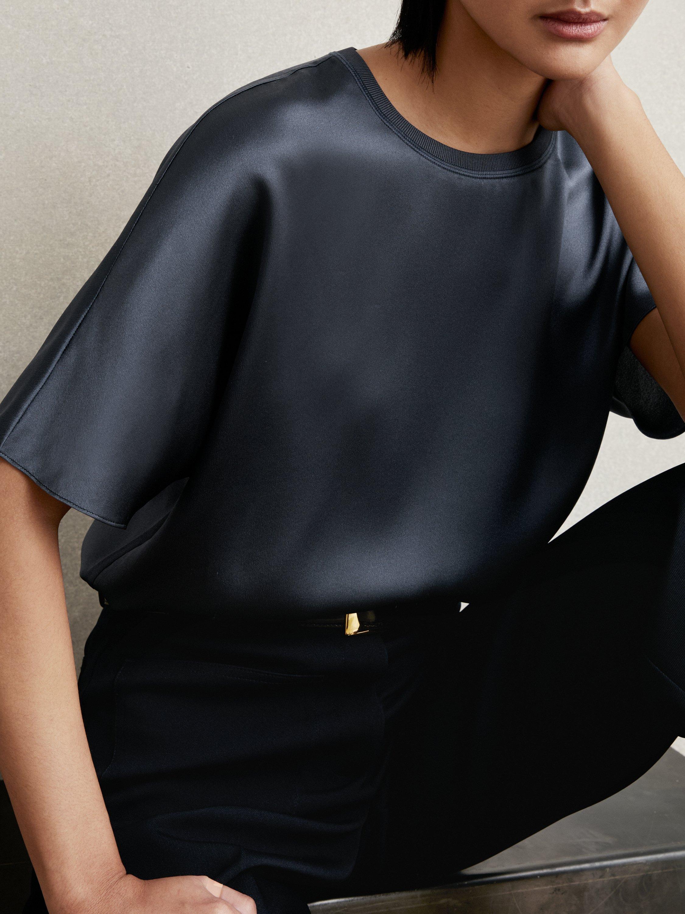 Product image 2 of 5, which shows Reiss Lena Pure Silk T-Shirt, Blue, 6