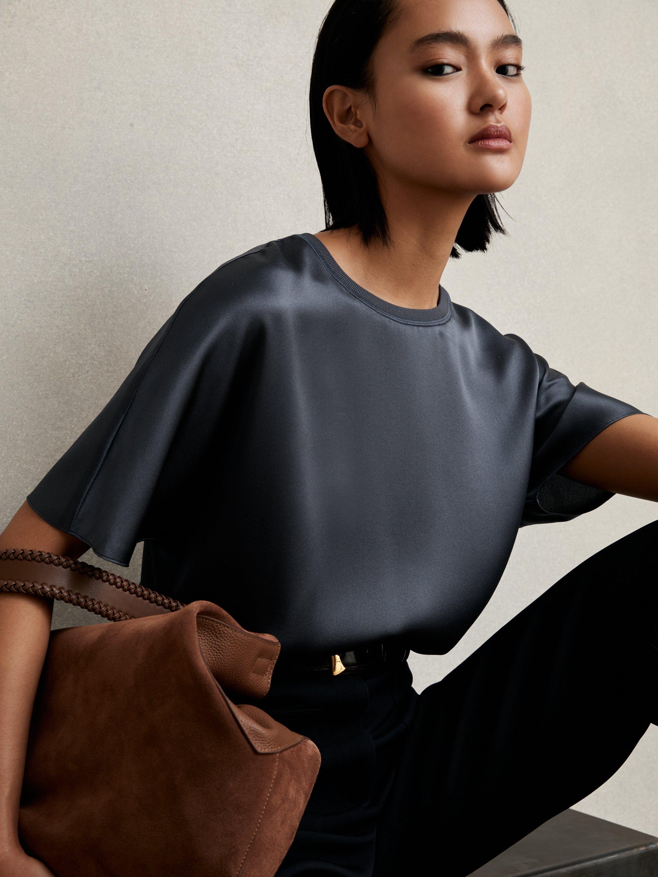 Product image 4 of 5, which shows Reiss Lena Pure Silk T-Shirt, Blue, 6