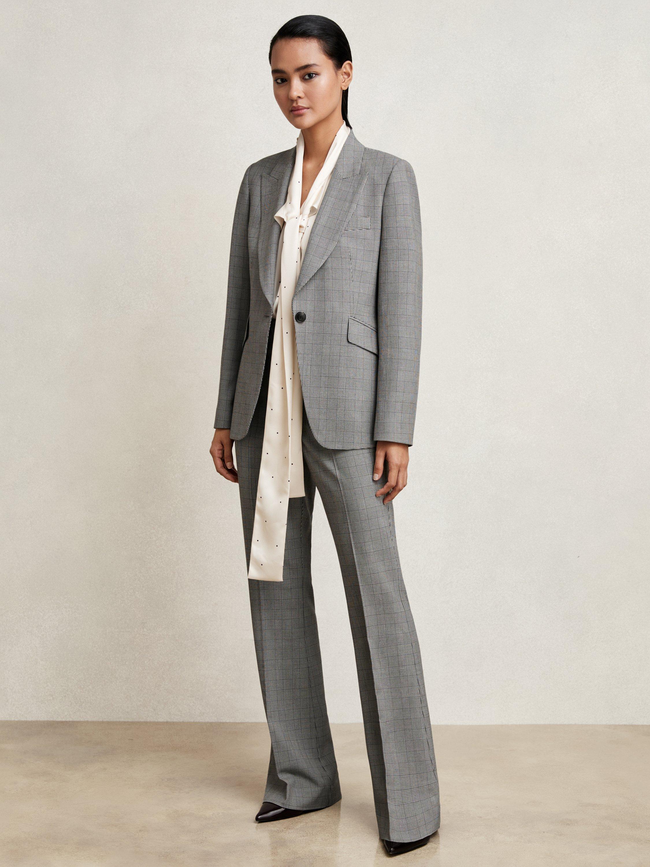 Product image 1 of 4, which shows Reiss Petite Brooklyn Check Trousers, Grey, 8Pt
