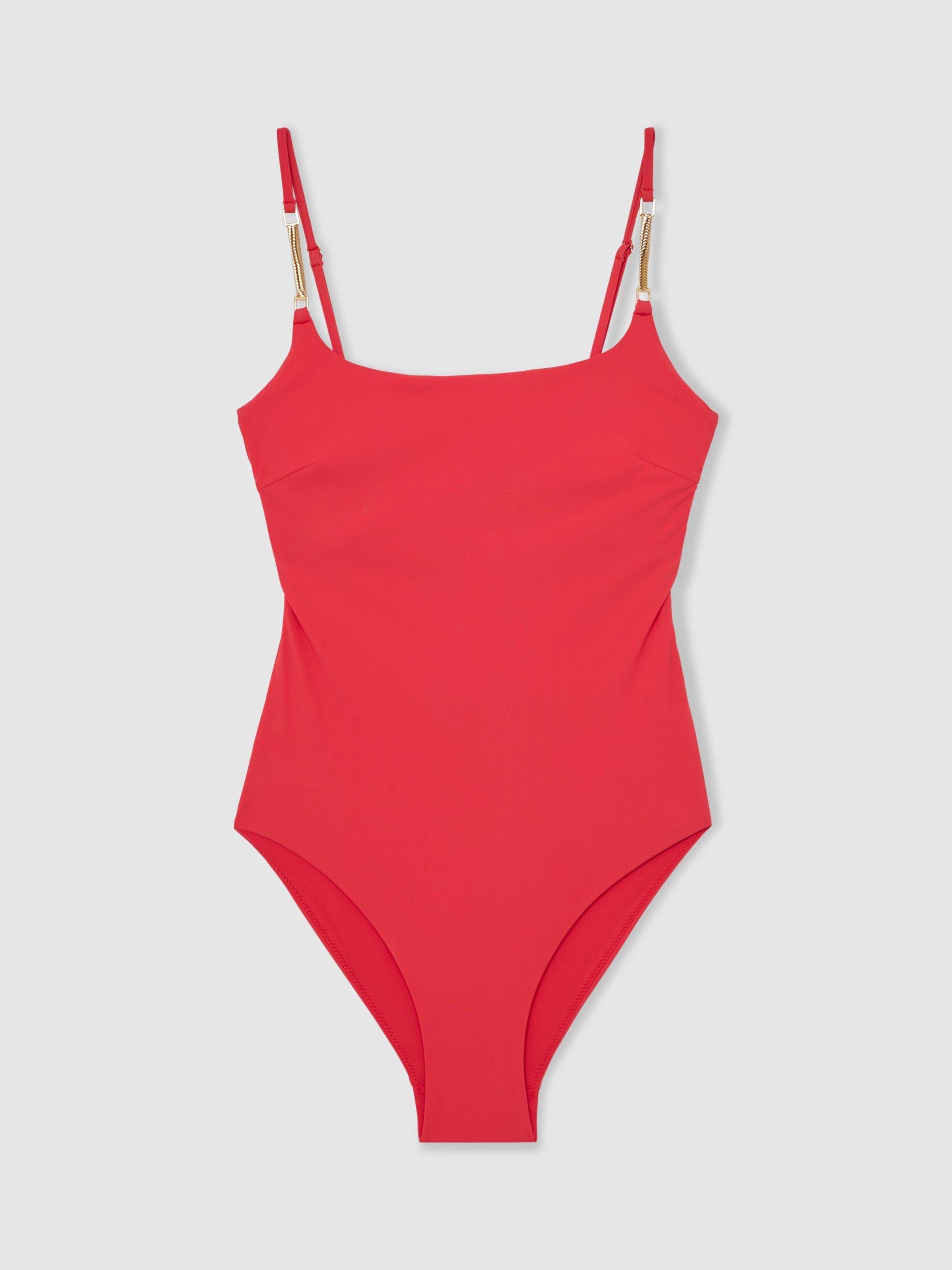 Product image 3 of 5, which shows Reiss Imogen Buckle Strap Swimsuit, Coral Red, 8