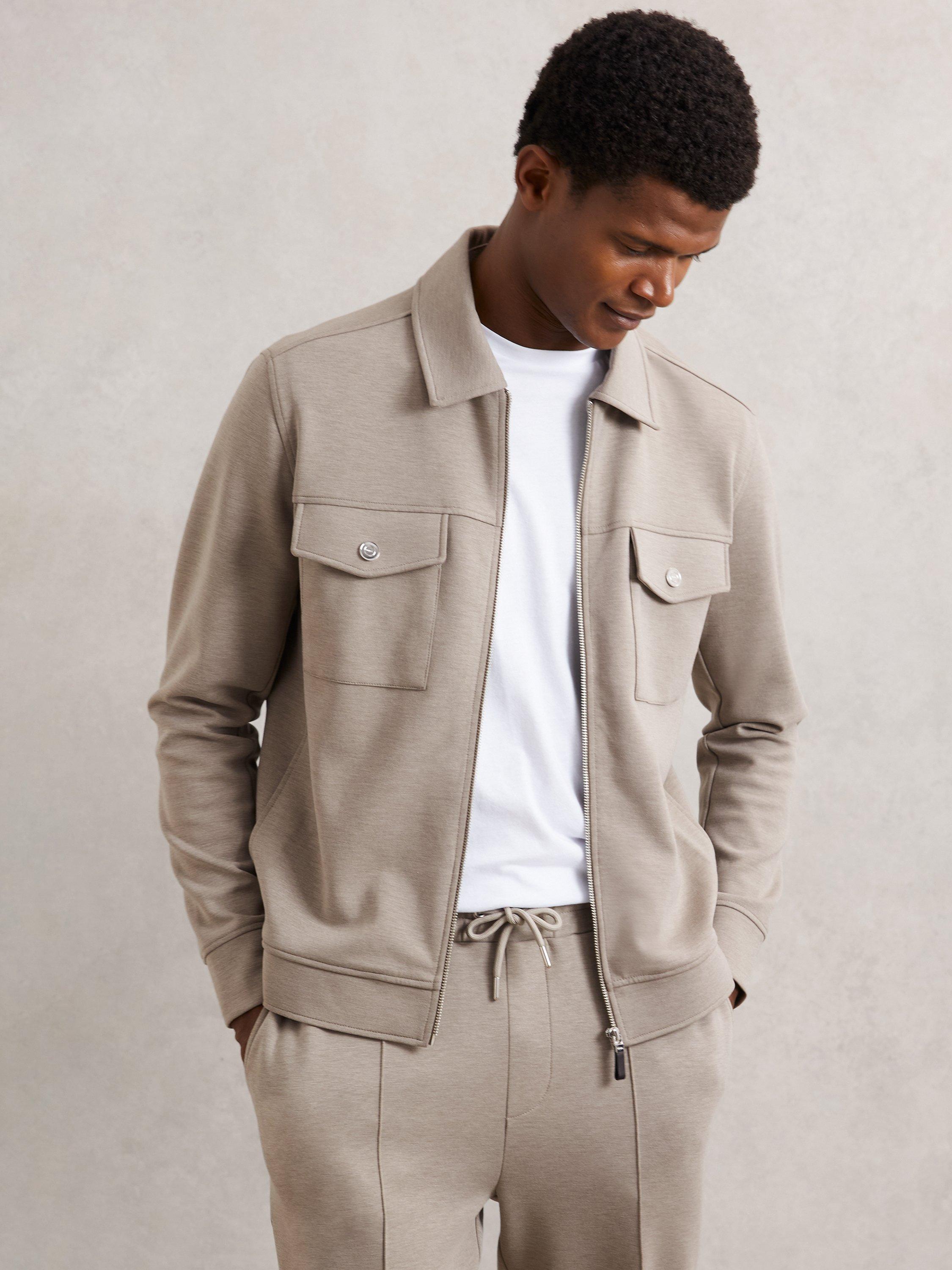 Product image 1 of 5, which shows Reiss Medina Zip Front Shirt Jacket, Taupe Brown, XS