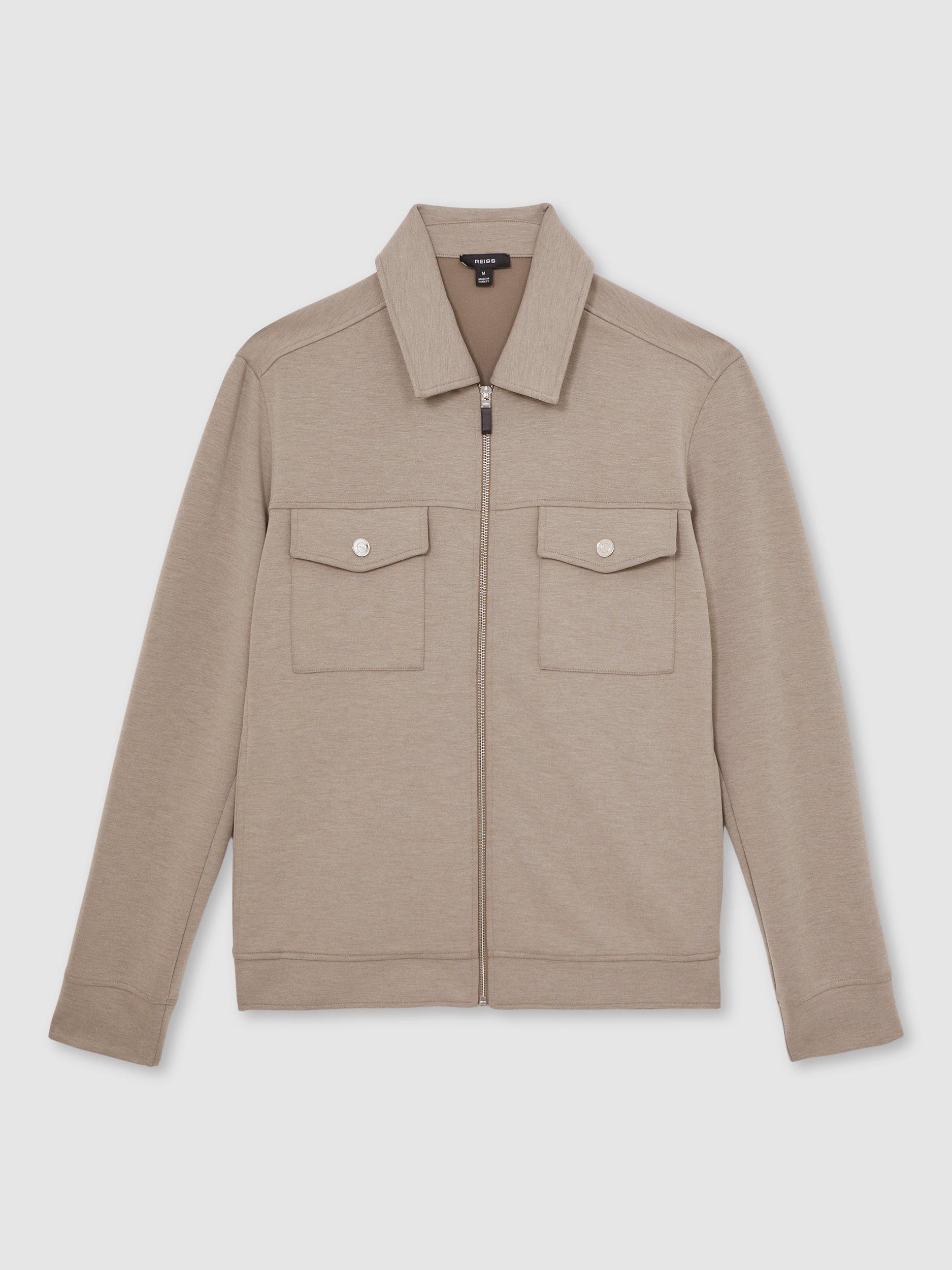 Product image 3 of 5, which shows Reiss Medina Zip Front Shirt Jacket, Taupe Brown, XS