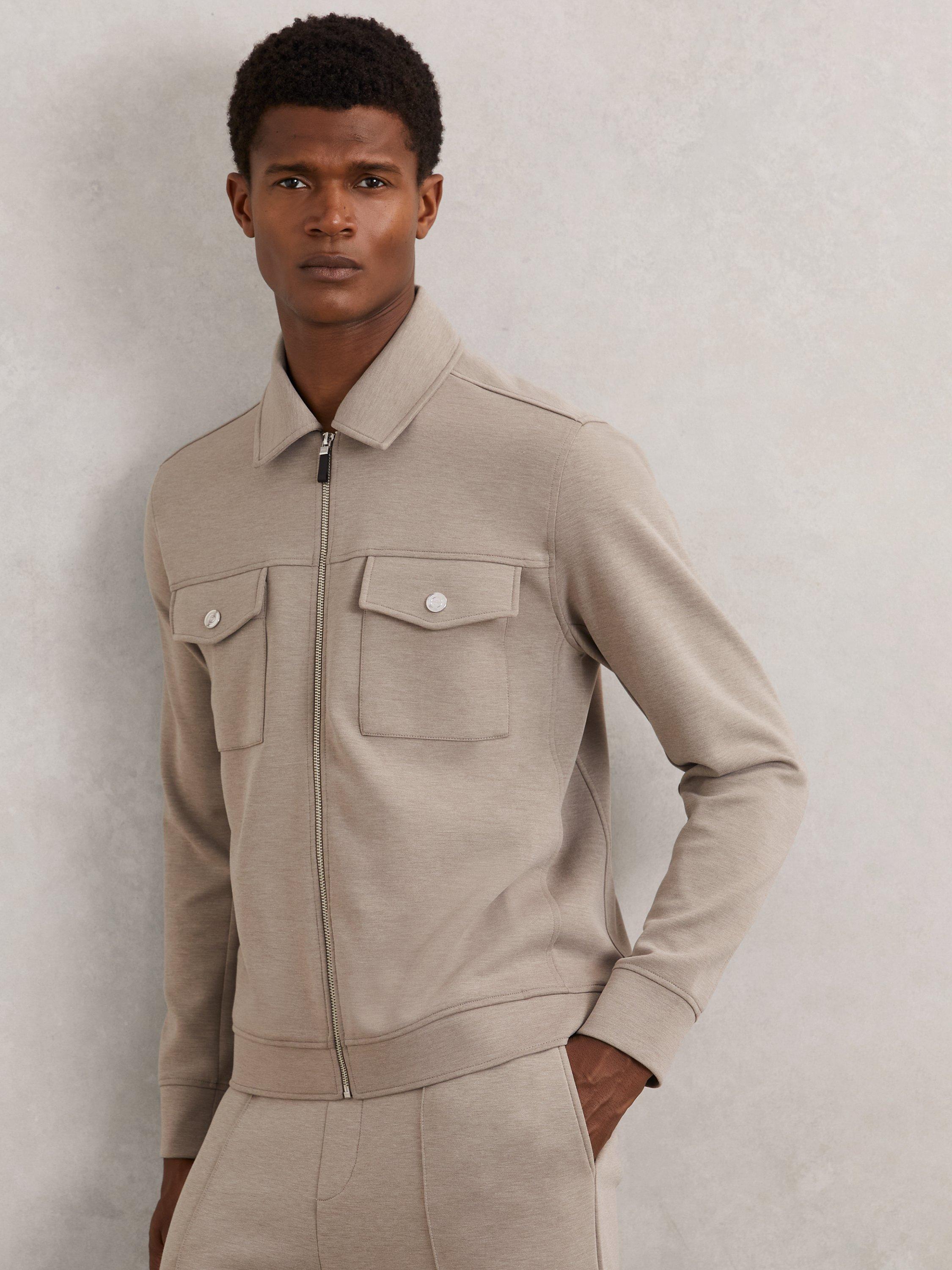 Product image 4 of 5, which shows Reiss Medina Zip Front Shirt Jacket, Taupe Brown, XS