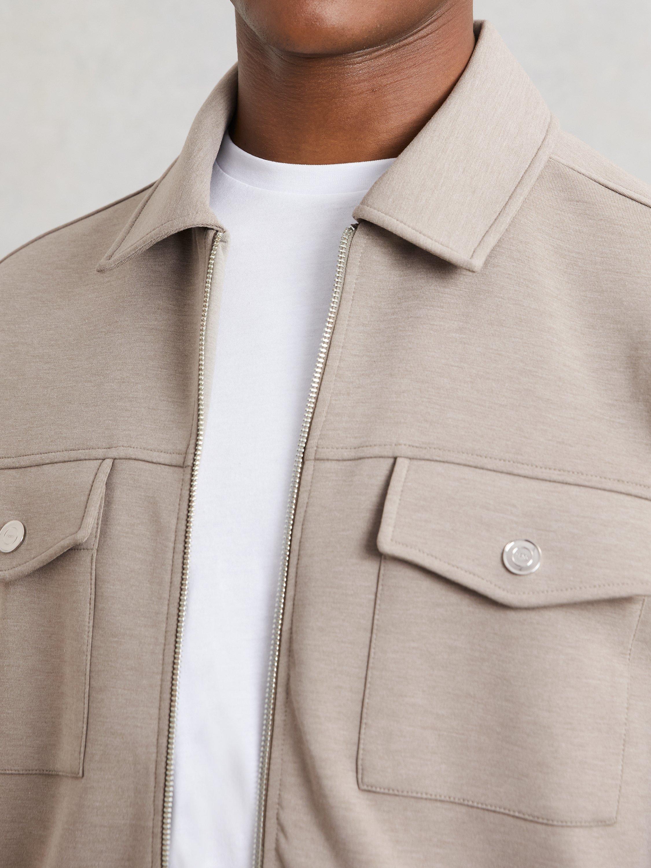 Product image 5 of 5, which shows Reiss Medina Zip Front Shirt Jacket, Taupe Brown, XS