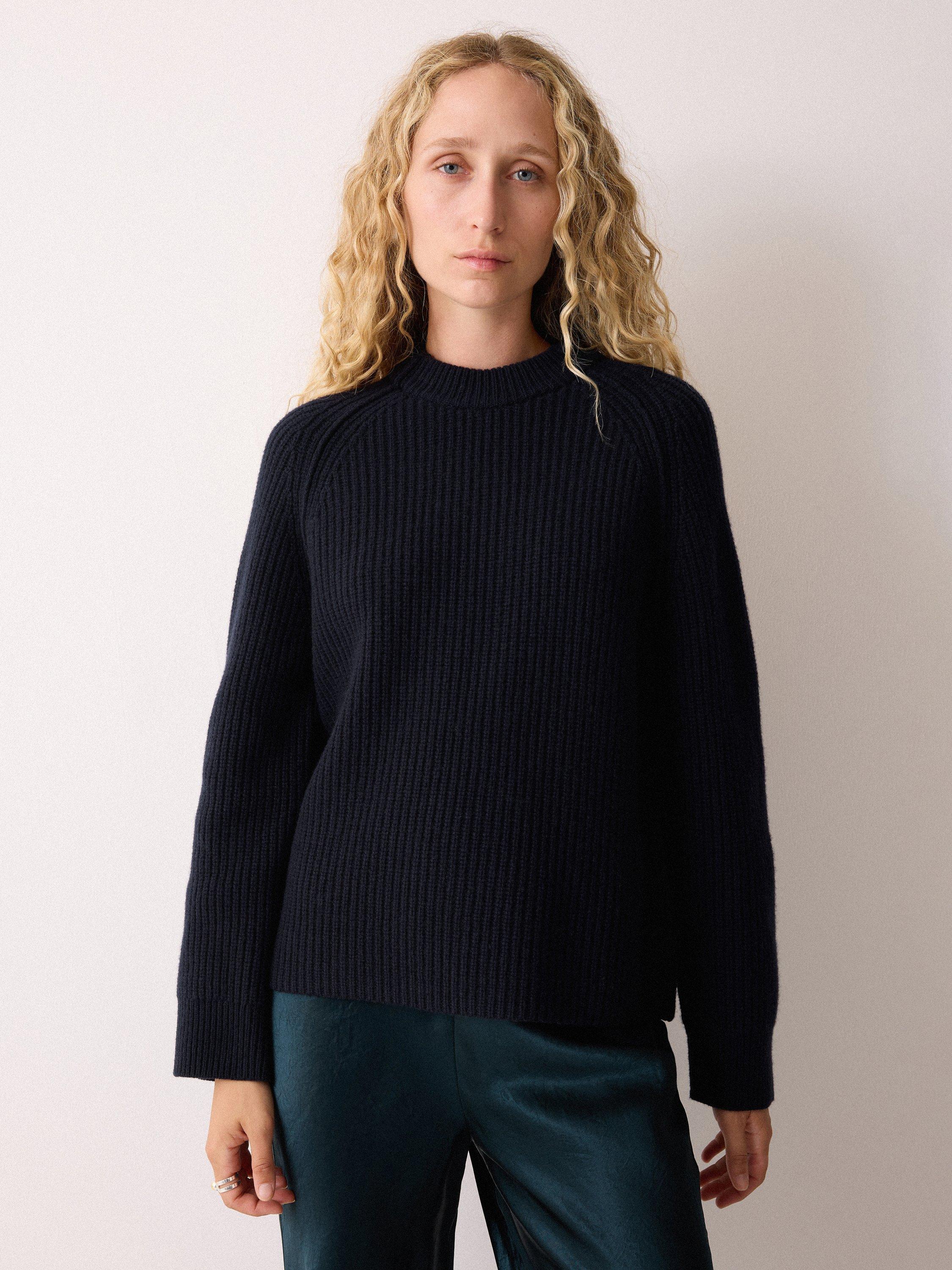 Product image 1 of 5, which shows Jigsaw Fisherman's Rib Pure Wool Jumper, Navy, S