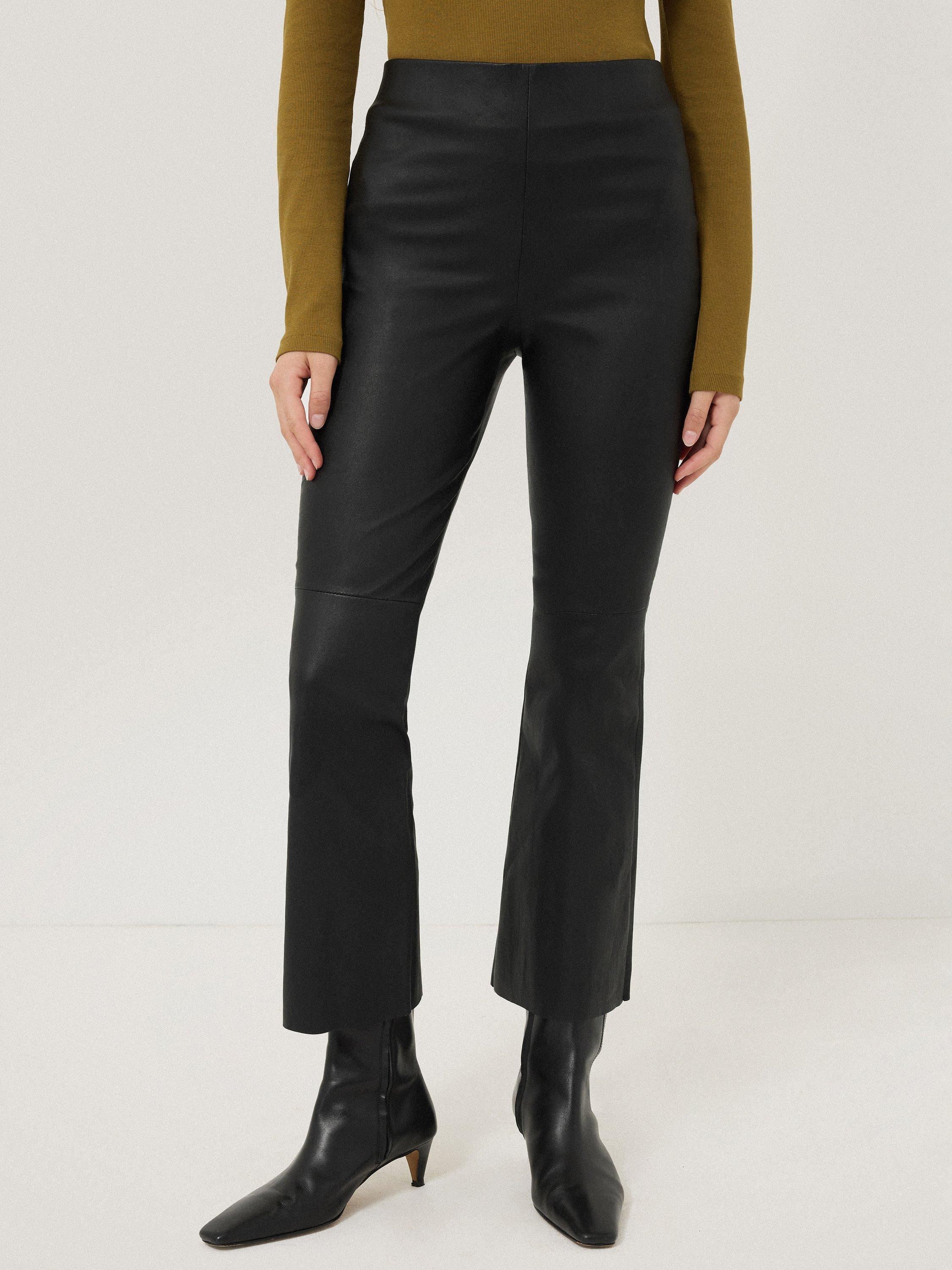Product image 1 of 7, which shows Jigsaw Stretch Leather Kick Flare Trousers, Black, 12