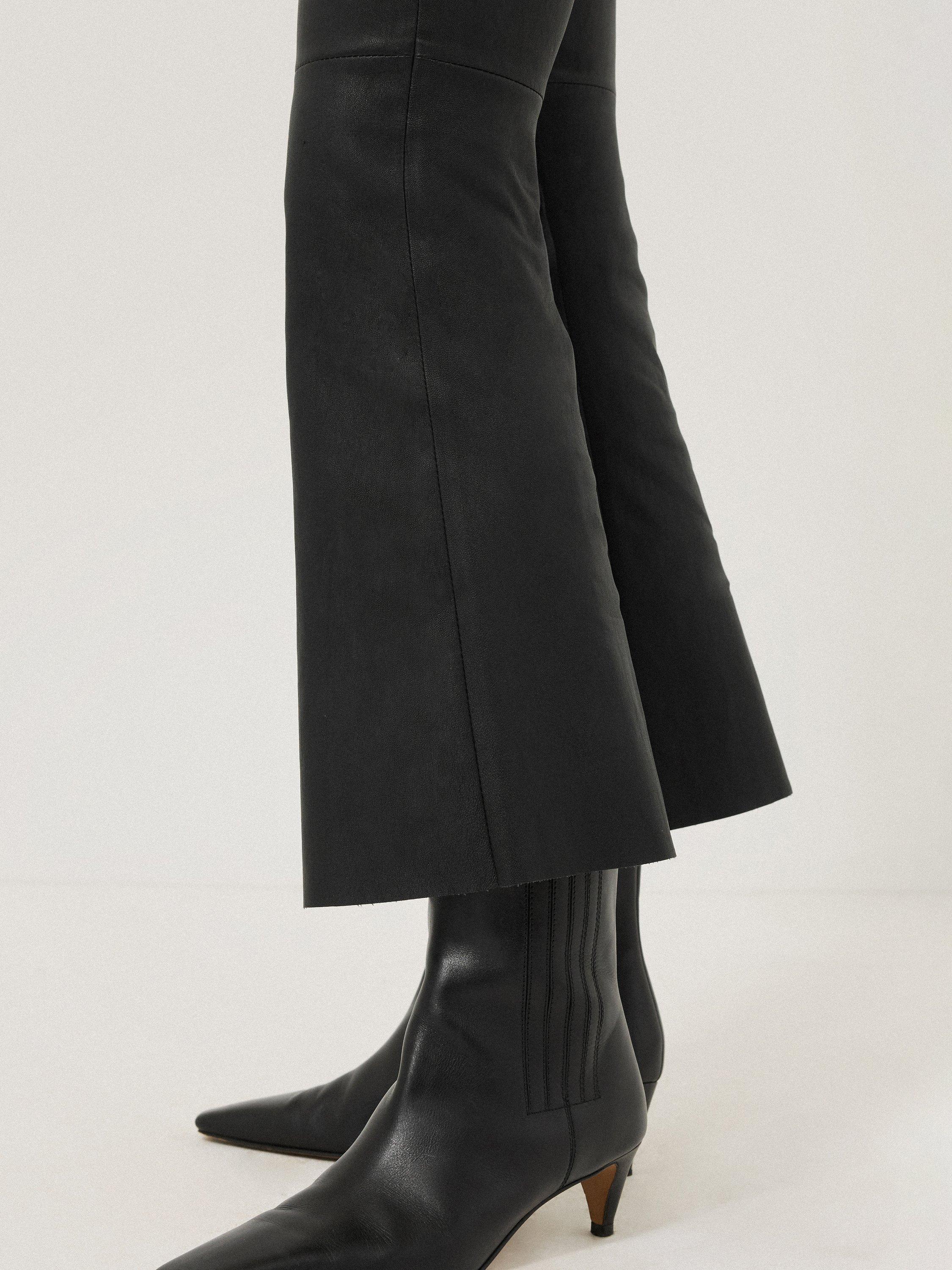 Product image 3 of 7, which shows Jigsaw Stretch Leather Kick Flare Trousers, Black, 12