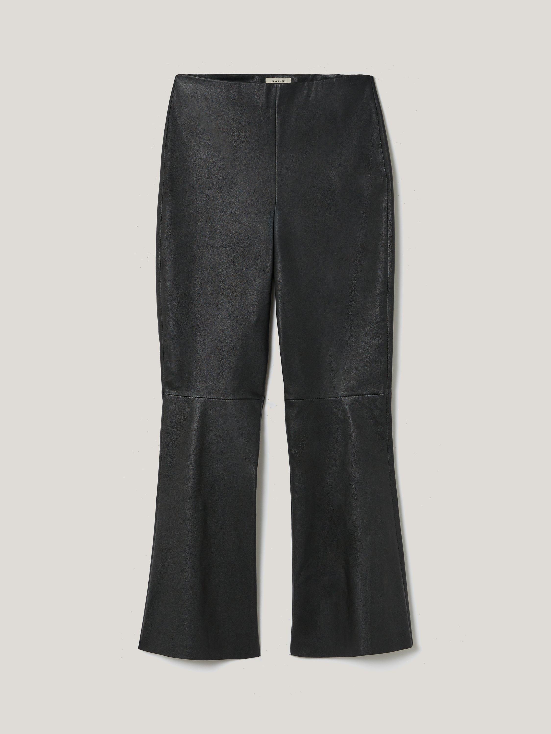 Product image 5 of 7, which shows Jigsaw Stretch Leather Kick Flare Trousers, Black, 12