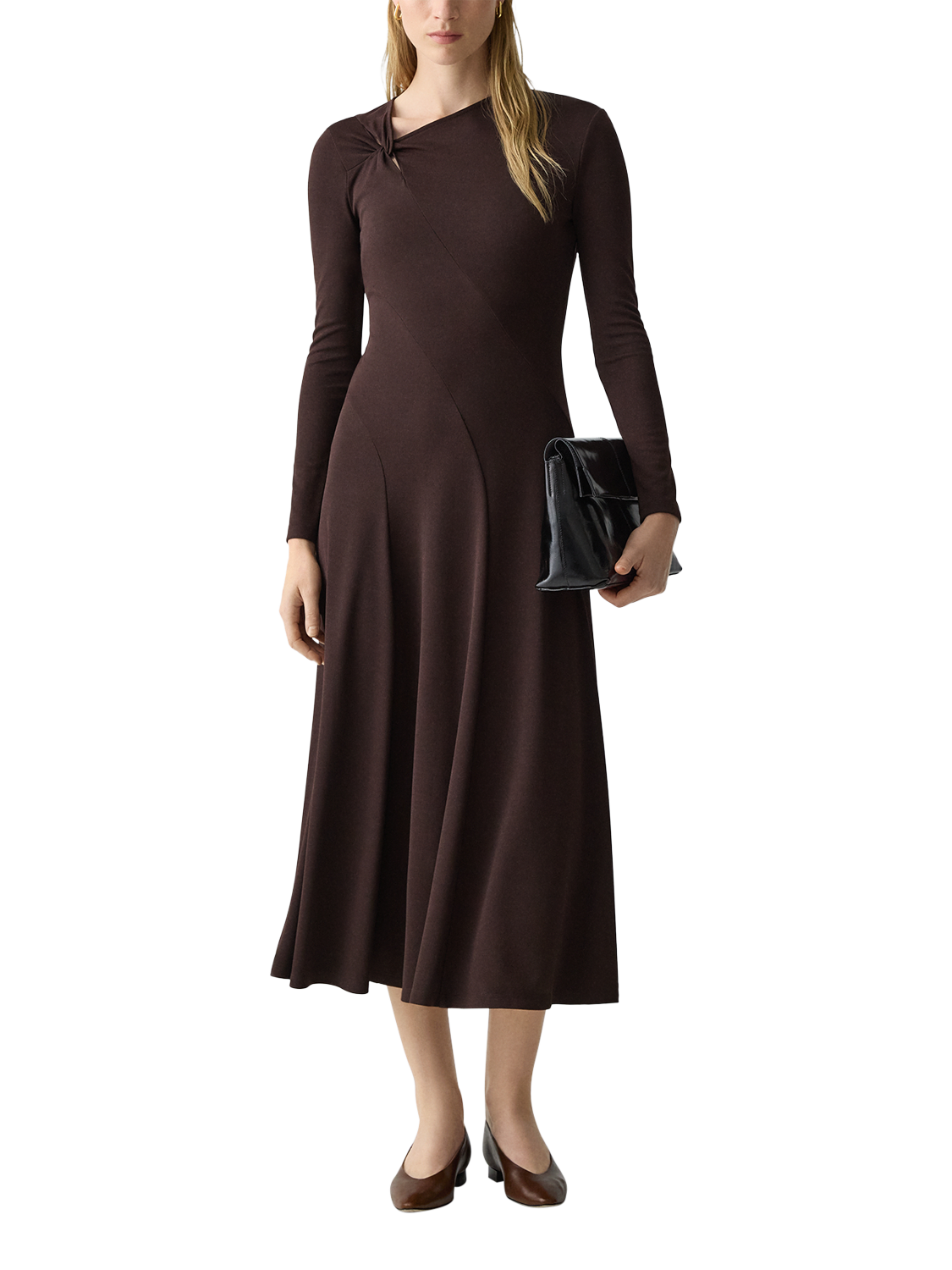 Product image 1 of 5, which shows Theory Twist Shoulder Jersey Dress, Brown, 8