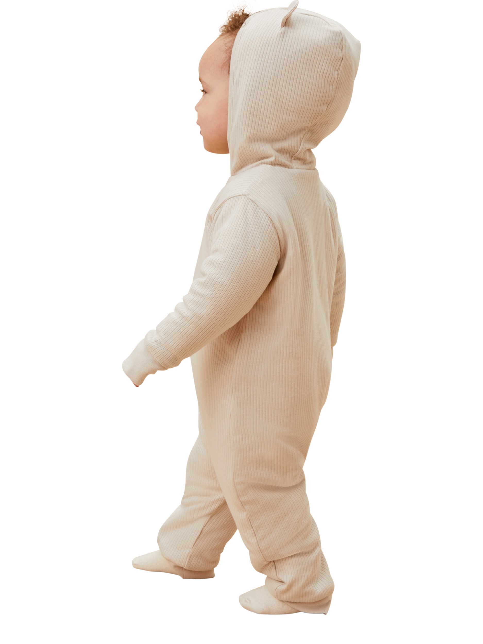 Product image 4 of 6, which shows MORI Baby Cotton Blend Ribbed Pramsuit, Ecru, Newborn