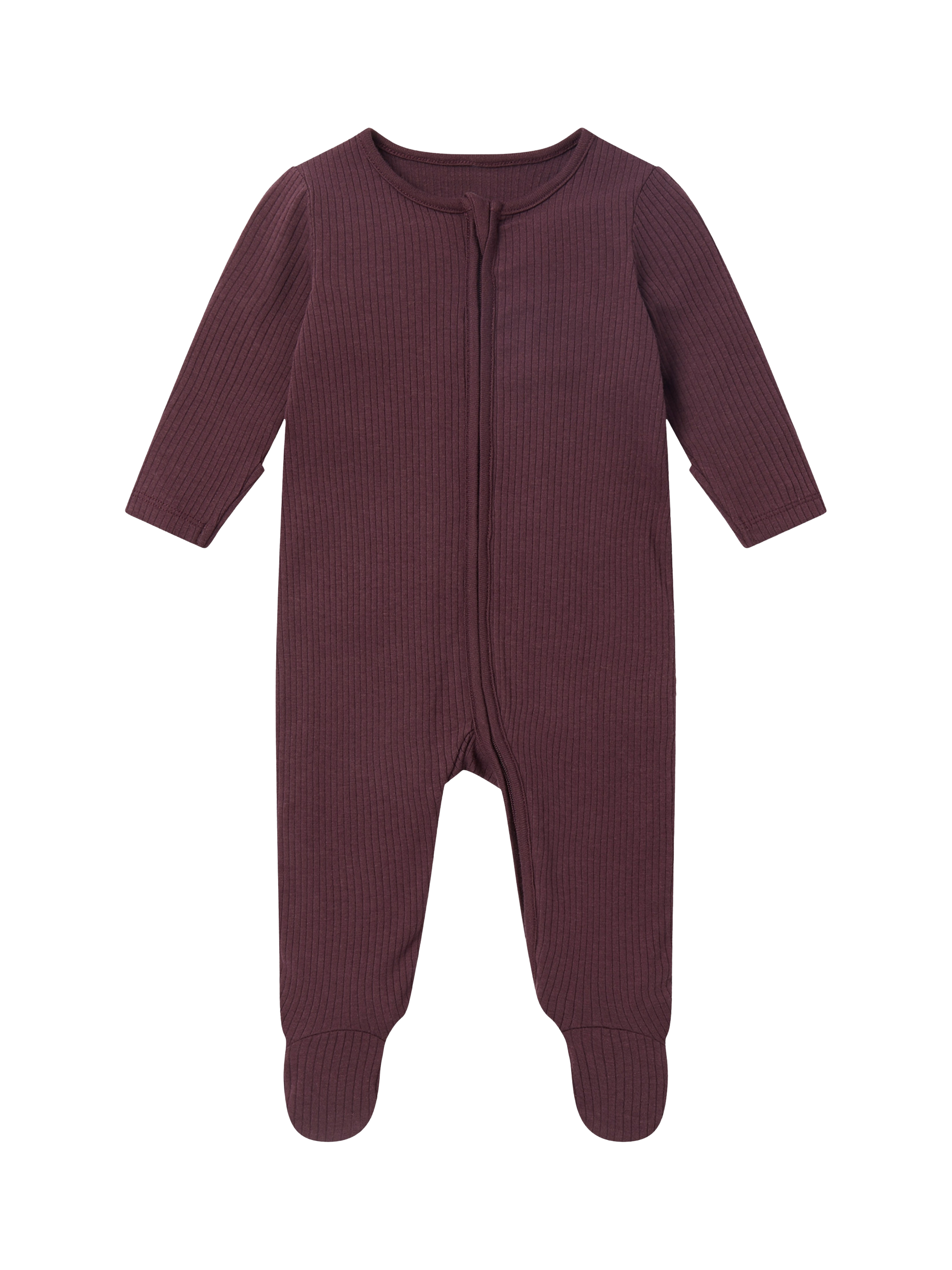 Product image 1 of 4, which shows MORI Baby Ribbed Sleepsuit, Berry, Newborn