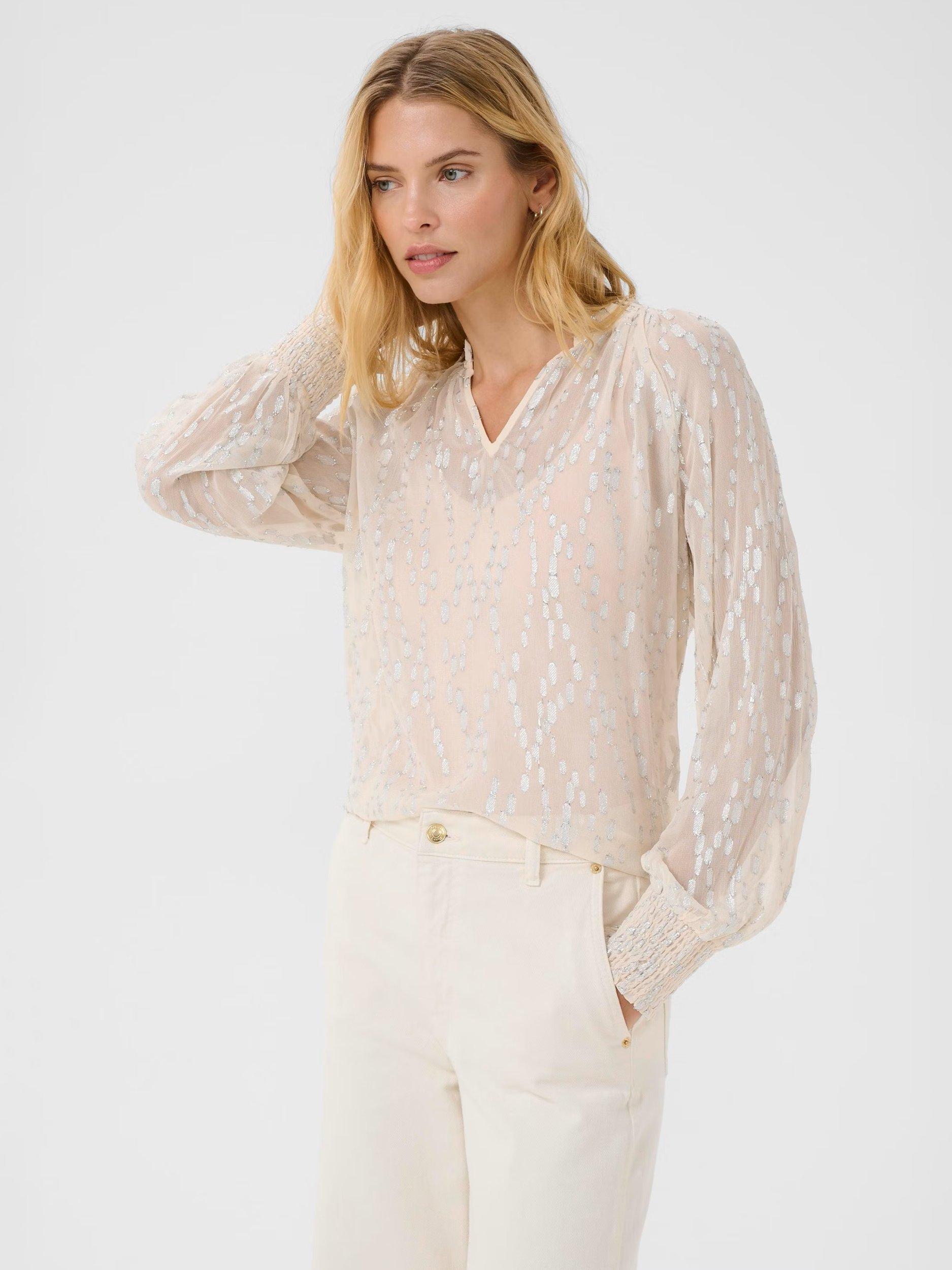 Product image 1 of 6, which shows Part Two Teia V-Neck Long Sleeve Blouse, Silver Metallic, 8