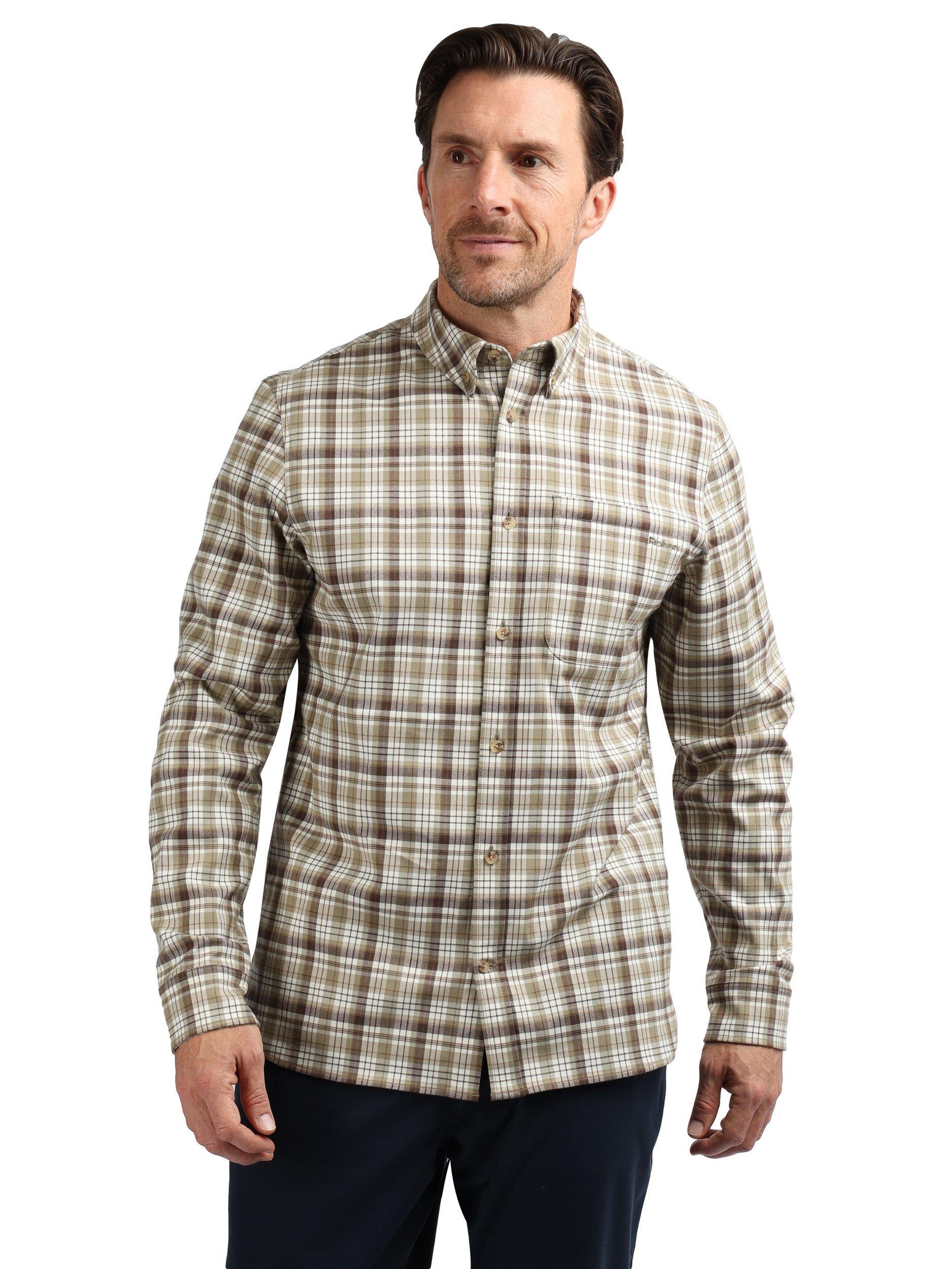 Product image 1 of 8, which shows Rohan Woolston Check Long Sleeve Shirt, Ecru/Brown, S