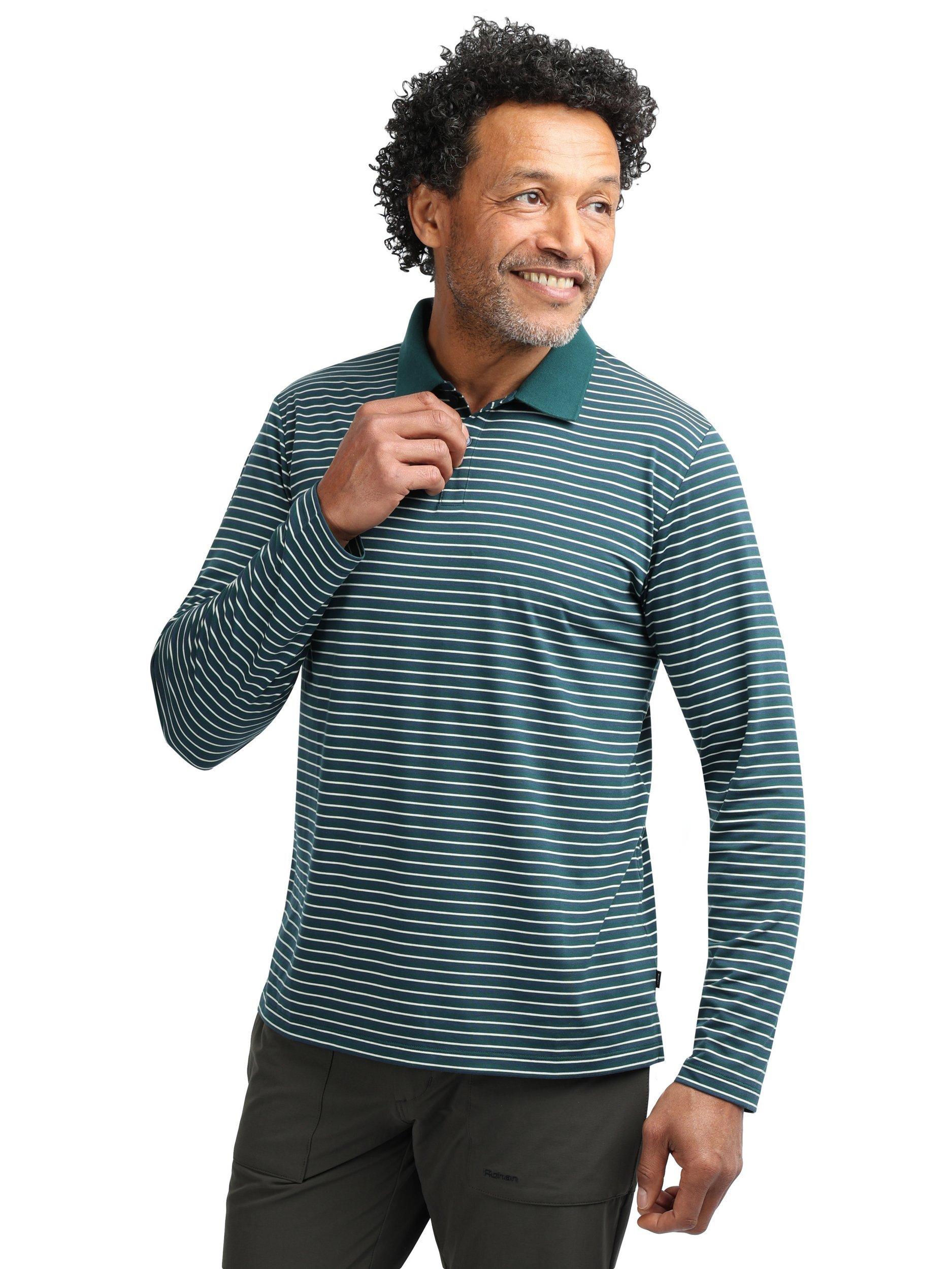 Product image 1 of 6, which shows Rohan Shoreline Stripe Polo Shirt, Green, S