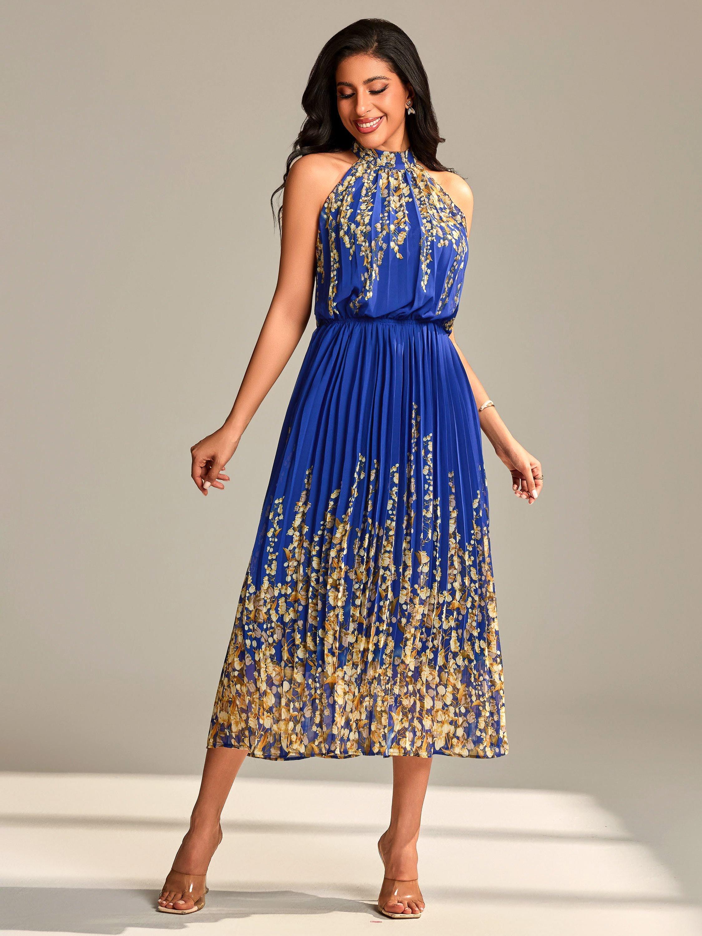 Jolie Moi Floral Chiffon Pleated Halterneck Dress, Royal Multi