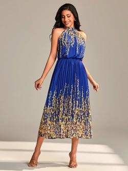Jolie Moi Floral Chiffon Pleated Halterneck Dress, Royal Multi, Royal Multi