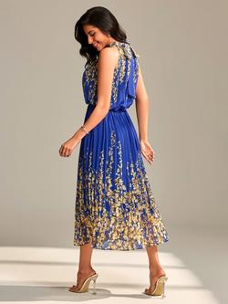 Jolie Moi Floral Chiffon Pleated Halterneck Dress, Royal Multi - view 2, Royal Multi