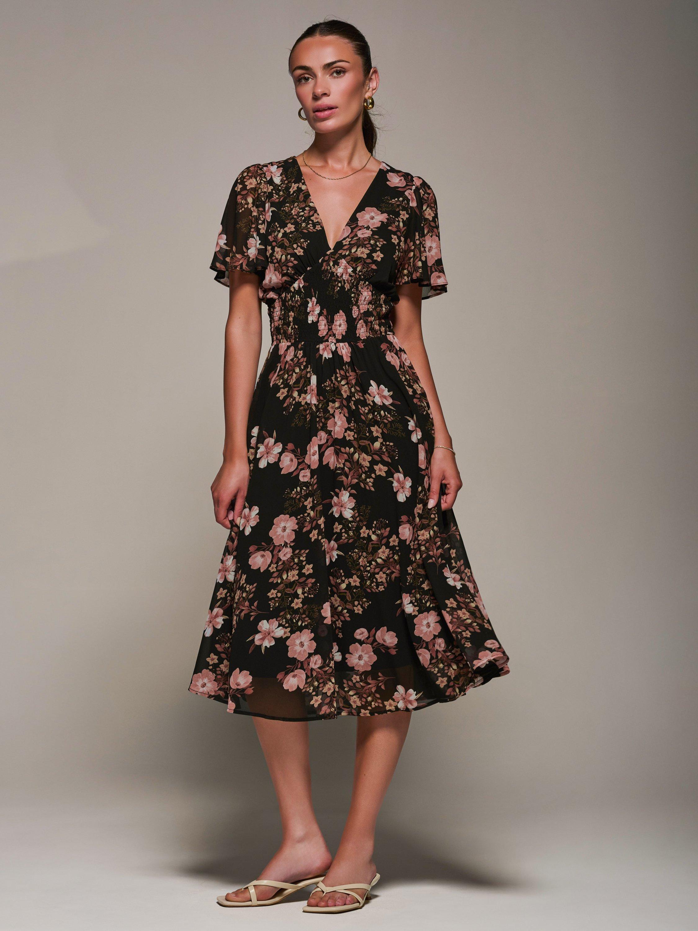Jolie Moi Floral Chiffon Tie Back Midi Dress, Black Floral