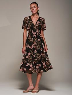 Jolie Moi Floral Chiffon Tie Back Midi Dress, Black Floral, Black Floral