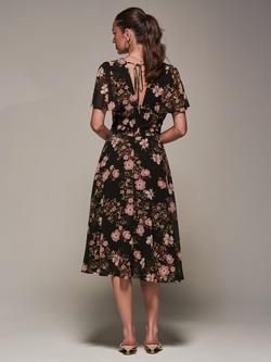 Jolie Moi Floral Chiffon Tie Back Midi Dress, Black Floral - view 2, Black Floral