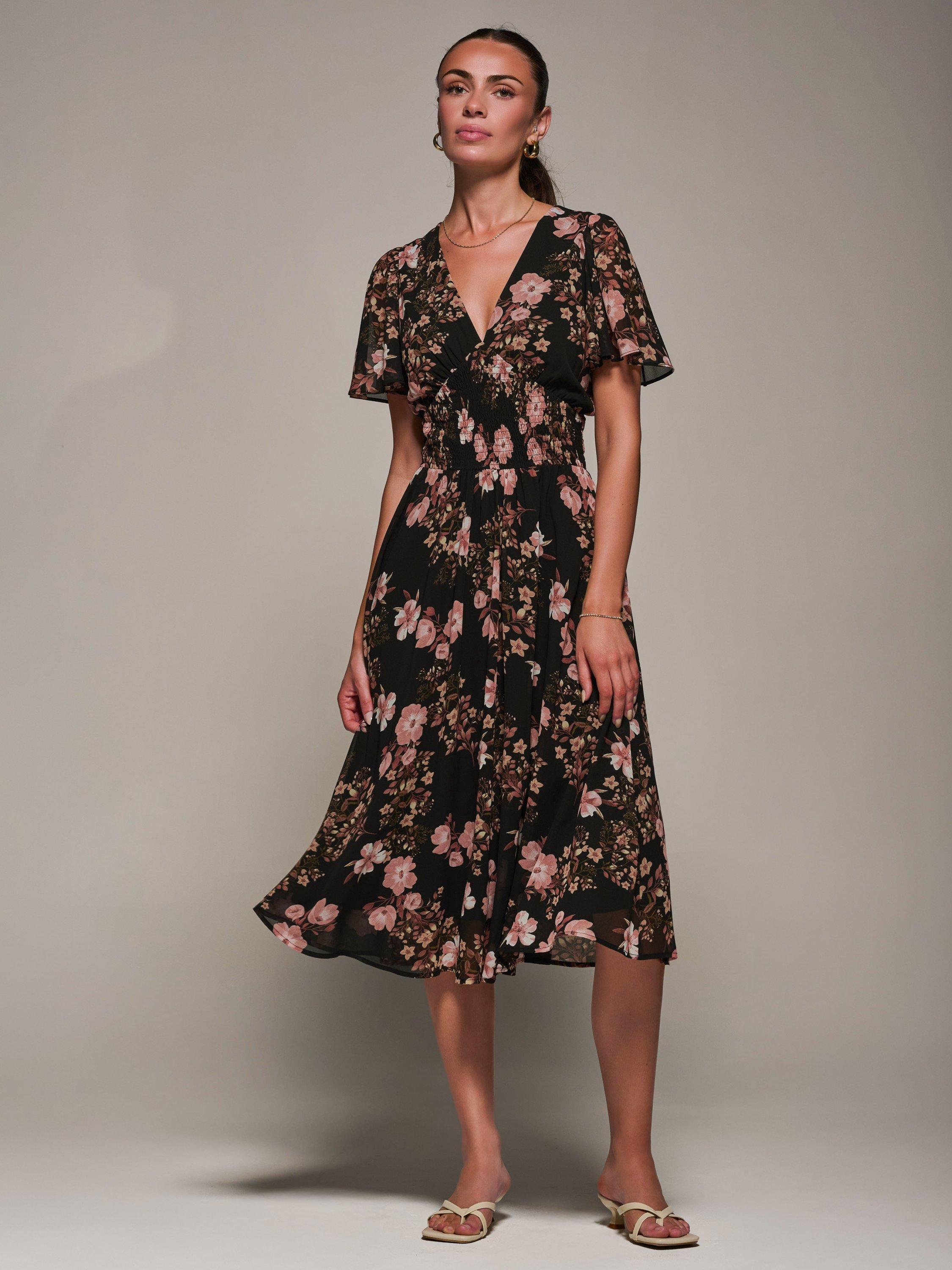 Jolie Moi Floral Chiffon Tie Back Midi Dress, Black Floral