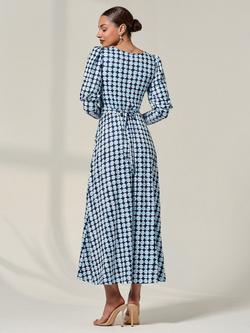 Jolie Moi Geometric Puff Sleeve Midaxi Dress, Blue Geo - view 2, Blue Geo