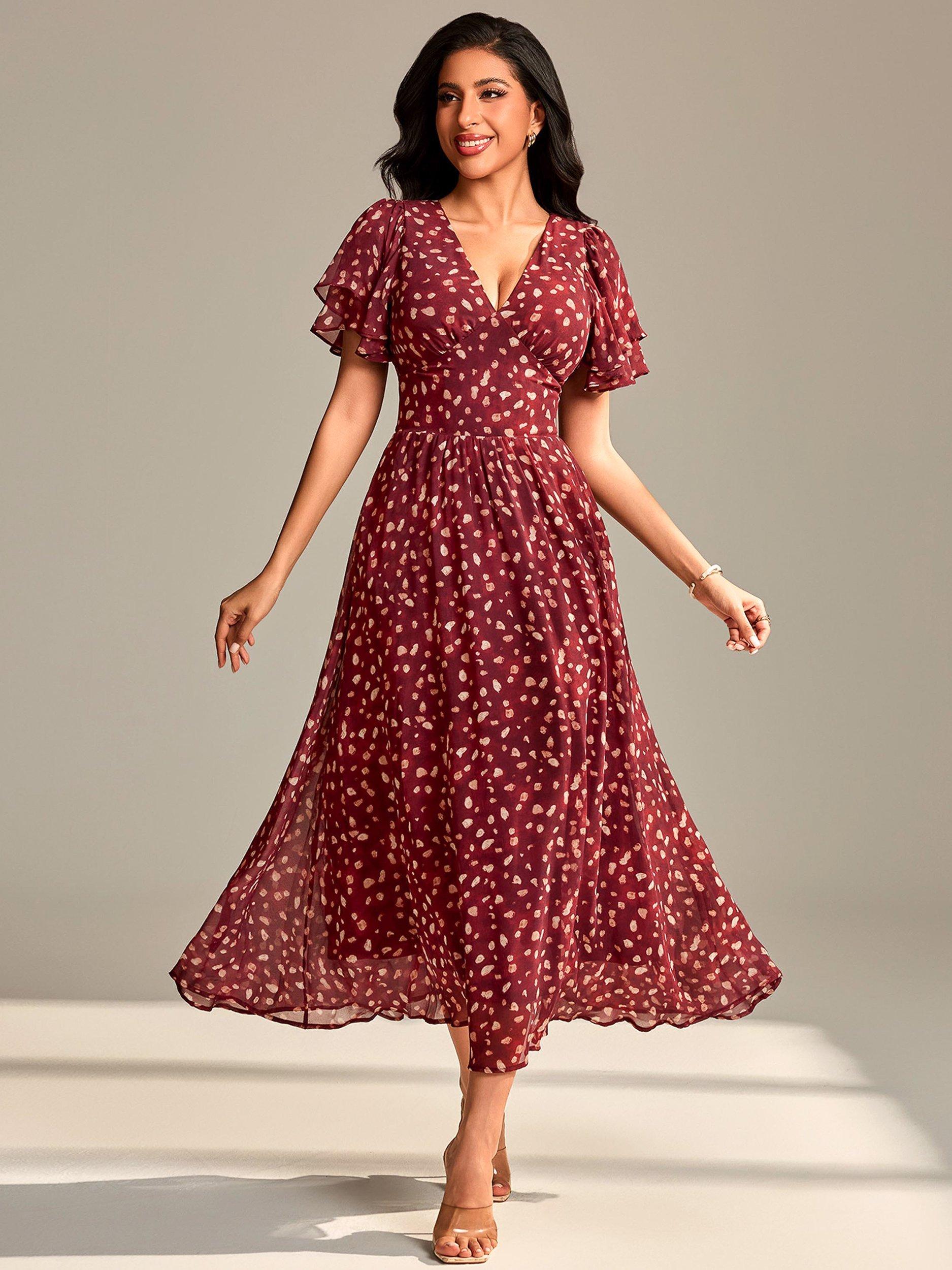 Jolie Moi Spot Angel Sleeve Chiffon Maxi Dress, Burgundy