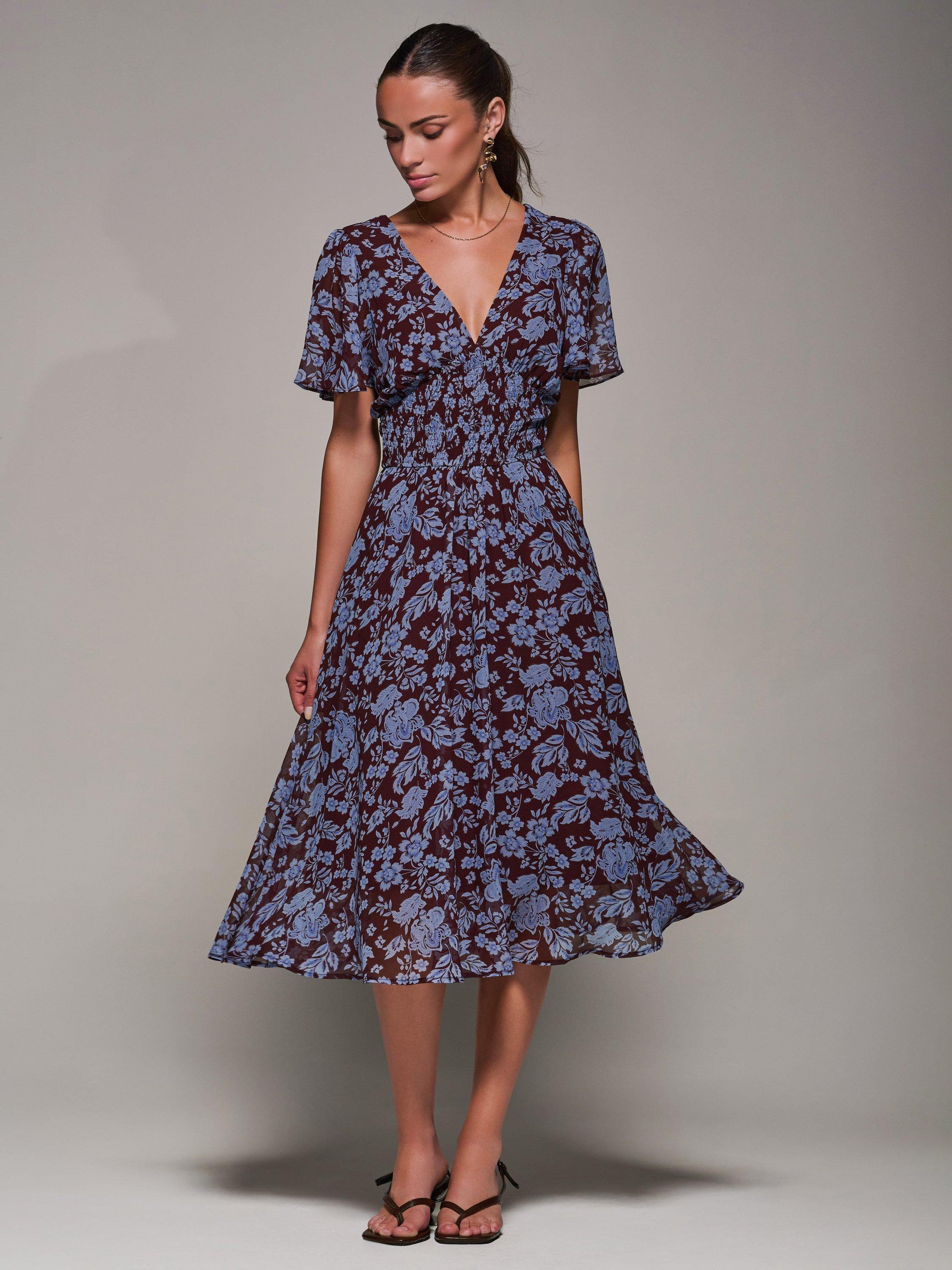 Jolie Moi Floral Chiffon Tie Back Dress, Blue Floral