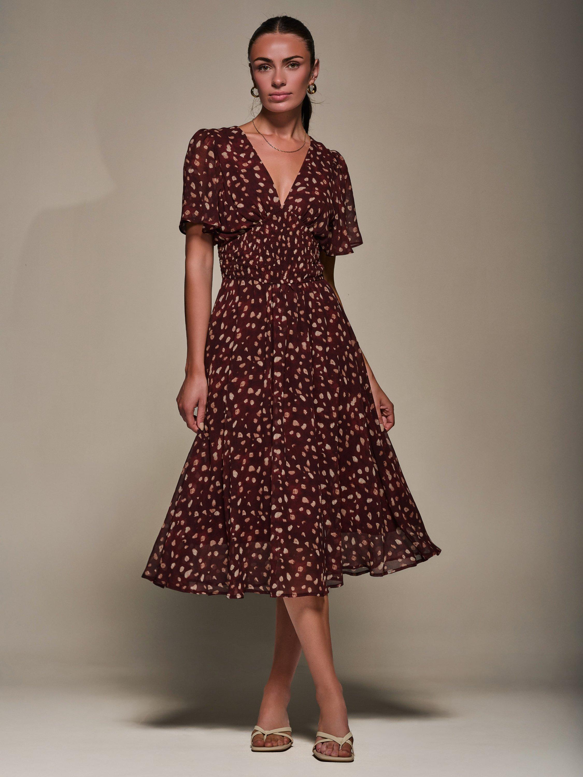 Jolie Moi Abstract polka Dot Chiffon Tie Back Midi Dress, Burgundy Abstract