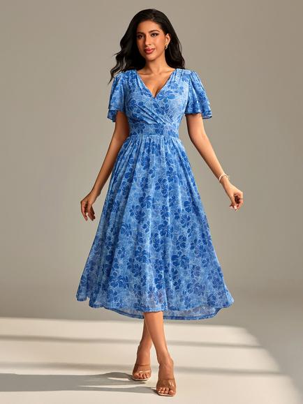 Jolie Moi Flutter Sleeve Mesh Maxi Dress, Blue Abstract, Blue Abstract