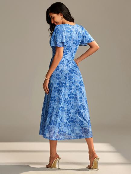 Jolie Moi Flutter Sleeve Mesh Maxi Dress, Blue Abstract - view 2, Blue Abstract