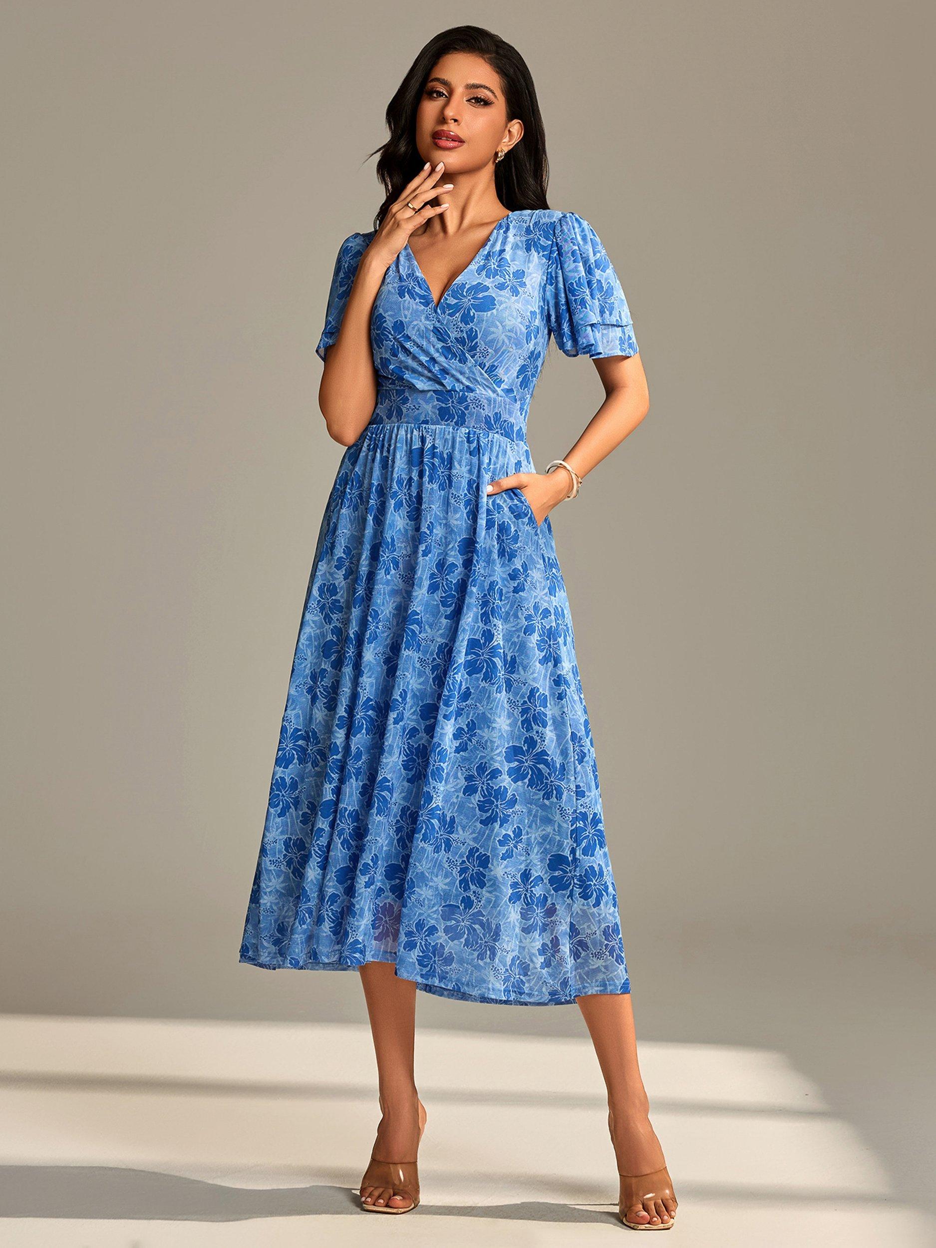 Product image 3 of 6, which shows Jolie Moi Flutter Sleeve Mesh Maxi Dress, Blue Abstract, 8