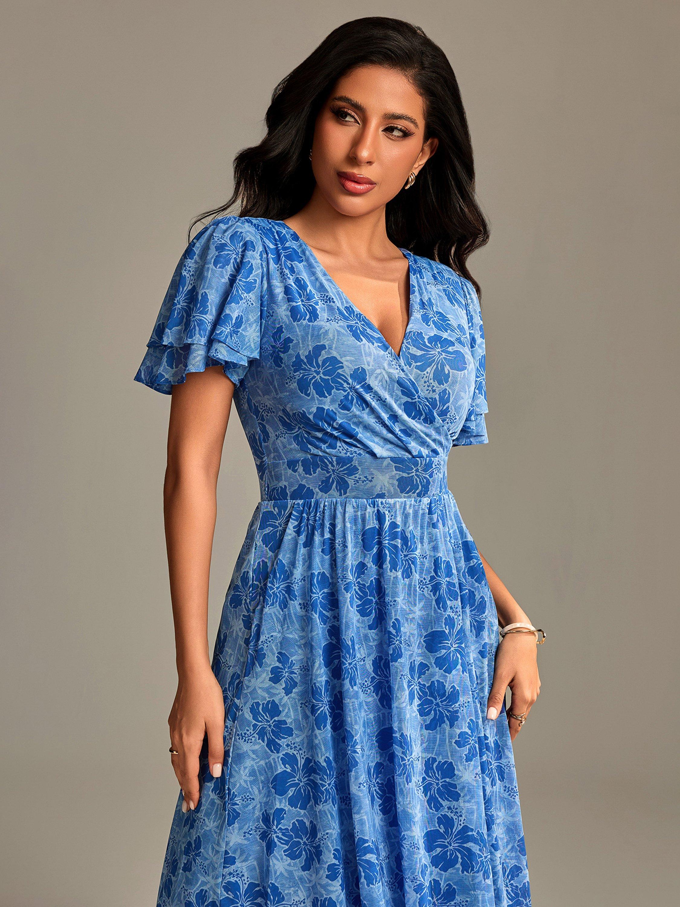 Product image 4 of 6, which shows Jolie Moi Flutter Sleeve Mesh Maxi Dress, Blue Abstract, 8
