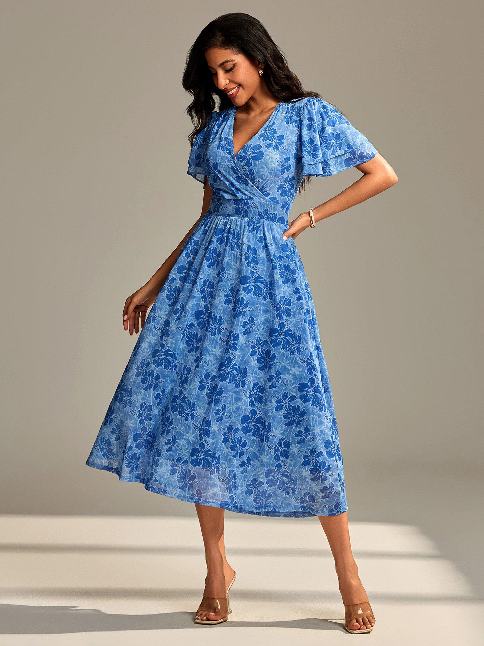 Product image 5 of 6, which shows Jolie Moi Flutter Sleeve Mesh Maxi Dress, Blue Abstract, 8